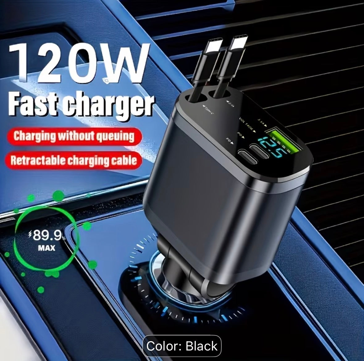 Car Charger with Dual Type-C Retractable Cables And USB-A Type-C PD Fast Charging - 120W Power Adapter, Suitable for Iphone 17/16/15 Pro Max, Samsung, Oneplus, Xiaomi, Car Fast Charger