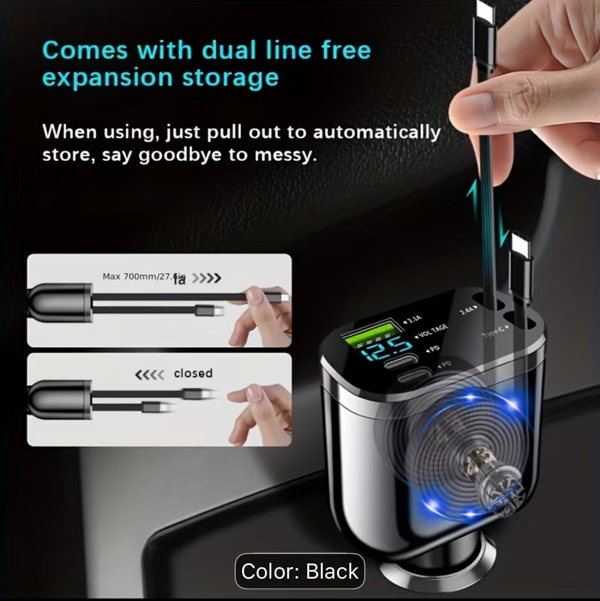 Car Charger with Dual Type-C Retractable Cables And USB-A Type-C PD Fast Charging - 120W Power Adapter, Suitable for Iphone 17/16/15 Pro Max, Samsung, Oneplus, Xiaomi, Car Fast Charger