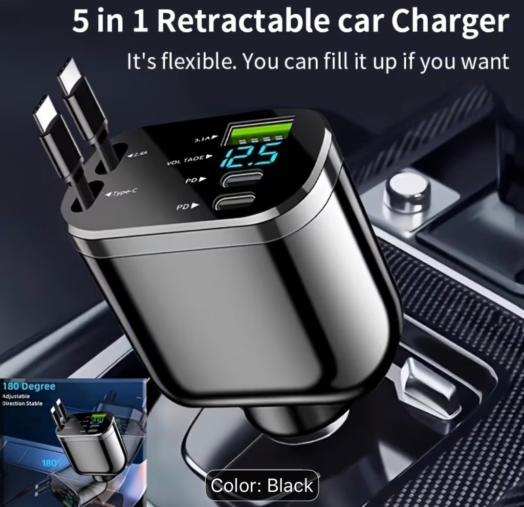 Car Charger with Dual Type-C Retractable Cables And USB-A Type-C PD Fast Charging - 120W Power Adapter, Suitable for Iphone 17/16/15 Pro Max, Samsung, Oneplus, Xiaomi, Car Fast Charger