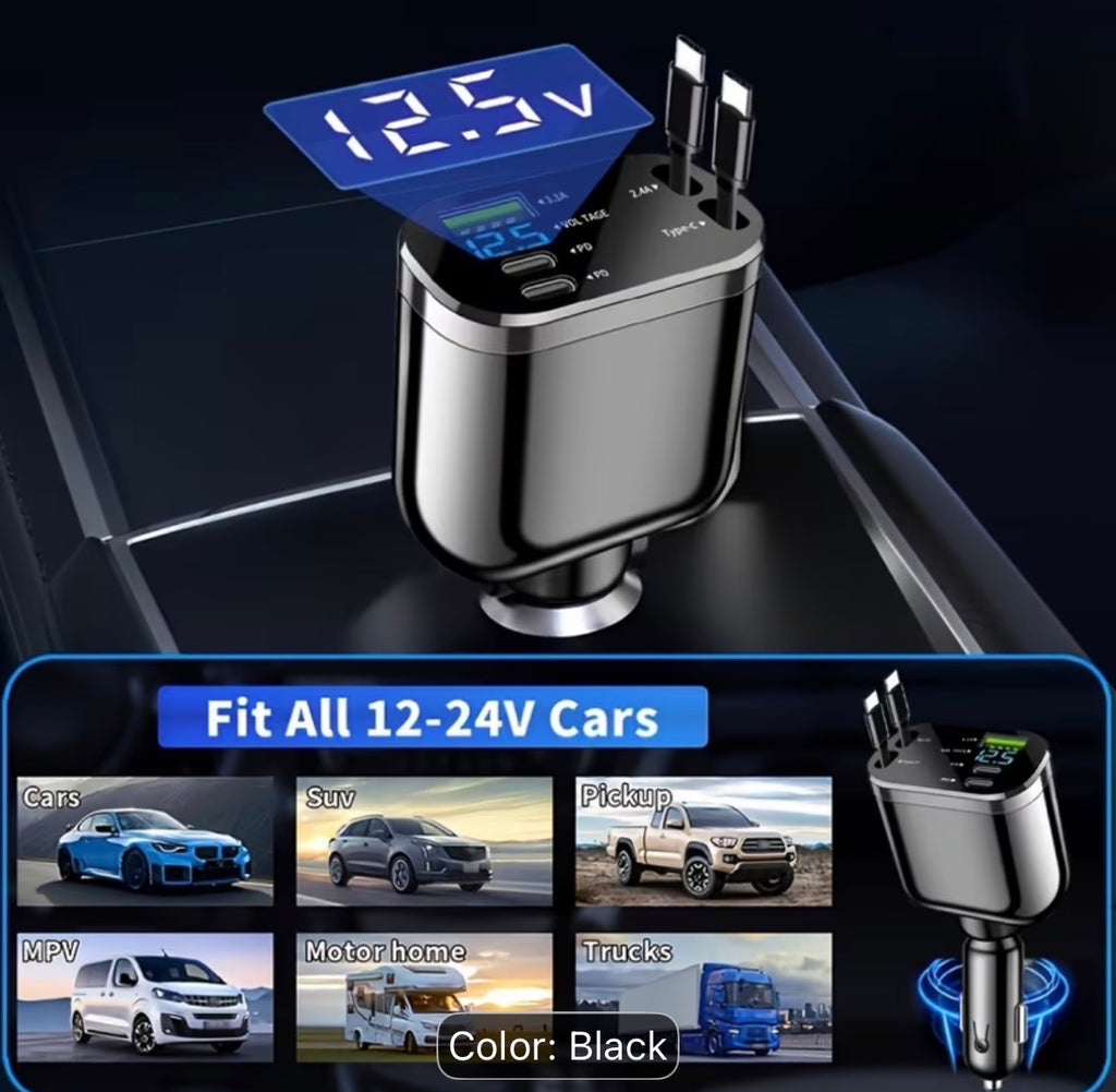 Car Charger with Dual Type-C Retractable Cables And USB-A Type-C PD Fast Charging - 120W Power Adapter, Suitable for Iphone 17/16/15 Pro Max, Samsung, Oneplus, Xiaomi, Car Fast Charger