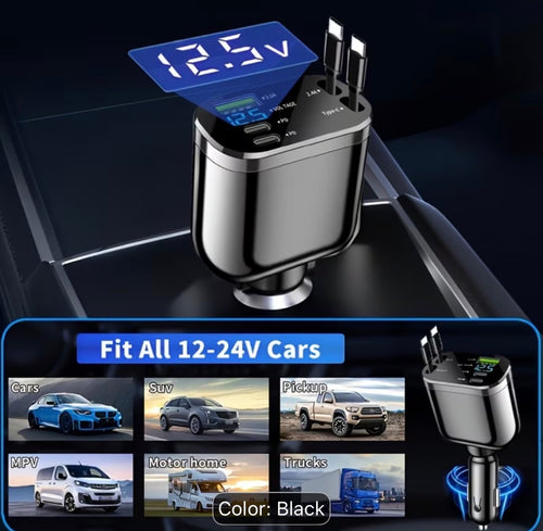 Car Charger with Dual Type-C Retractable Cables And USB-A Type-C PD Fast Charging - 120W Power Adapter, Suitable for Iphone 17/16/15 Pro Max, Samsung, Oneplus, Xiaomi, Car Fast Charger