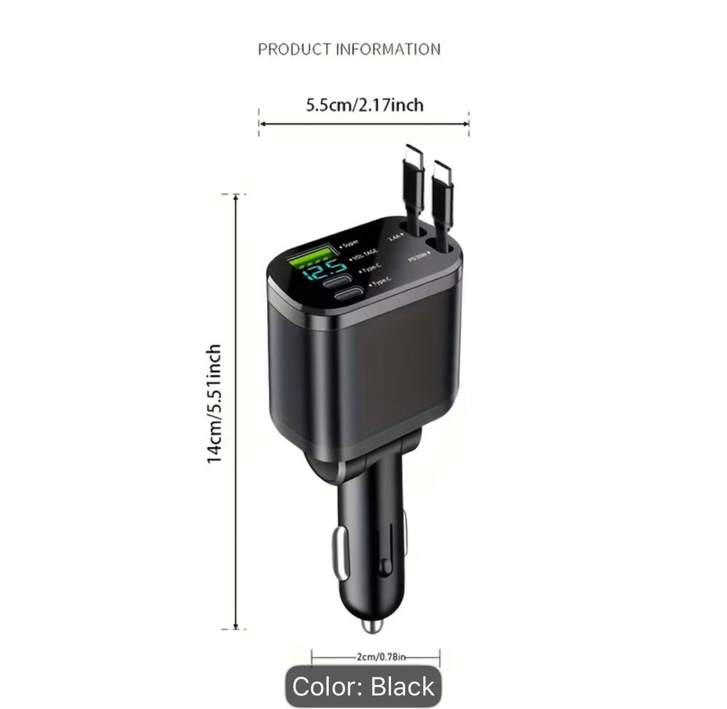 Car Charger with Dual Type-C Retractable Cables And USB-A Type-C PD Fast Charging - 120W Power Adapter, Suitable for Iphone 17/16/15 Pro Max, Samsung, Oneplus, Xiaomi, Car Fast Charger
