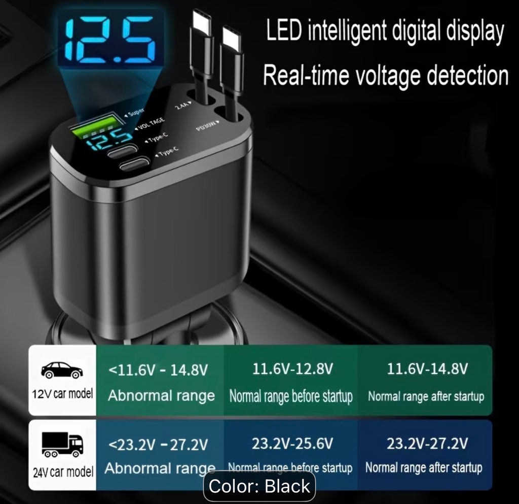 Car Charger with Dual Type-C Retractable Cables And USB-A Type-C PD Fast Charging - 120W Power Adapter, Suitable for Iphone 17/16/15 Pro Max, Samsung, Oneplus, Xiaomi, Car Fast Charger